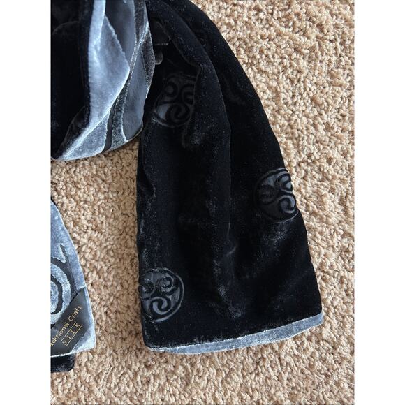 Traditional Craft Silk Black Gray Velvet Geometric Abstract Scarf Neck Wrap - Picture 3 of 8